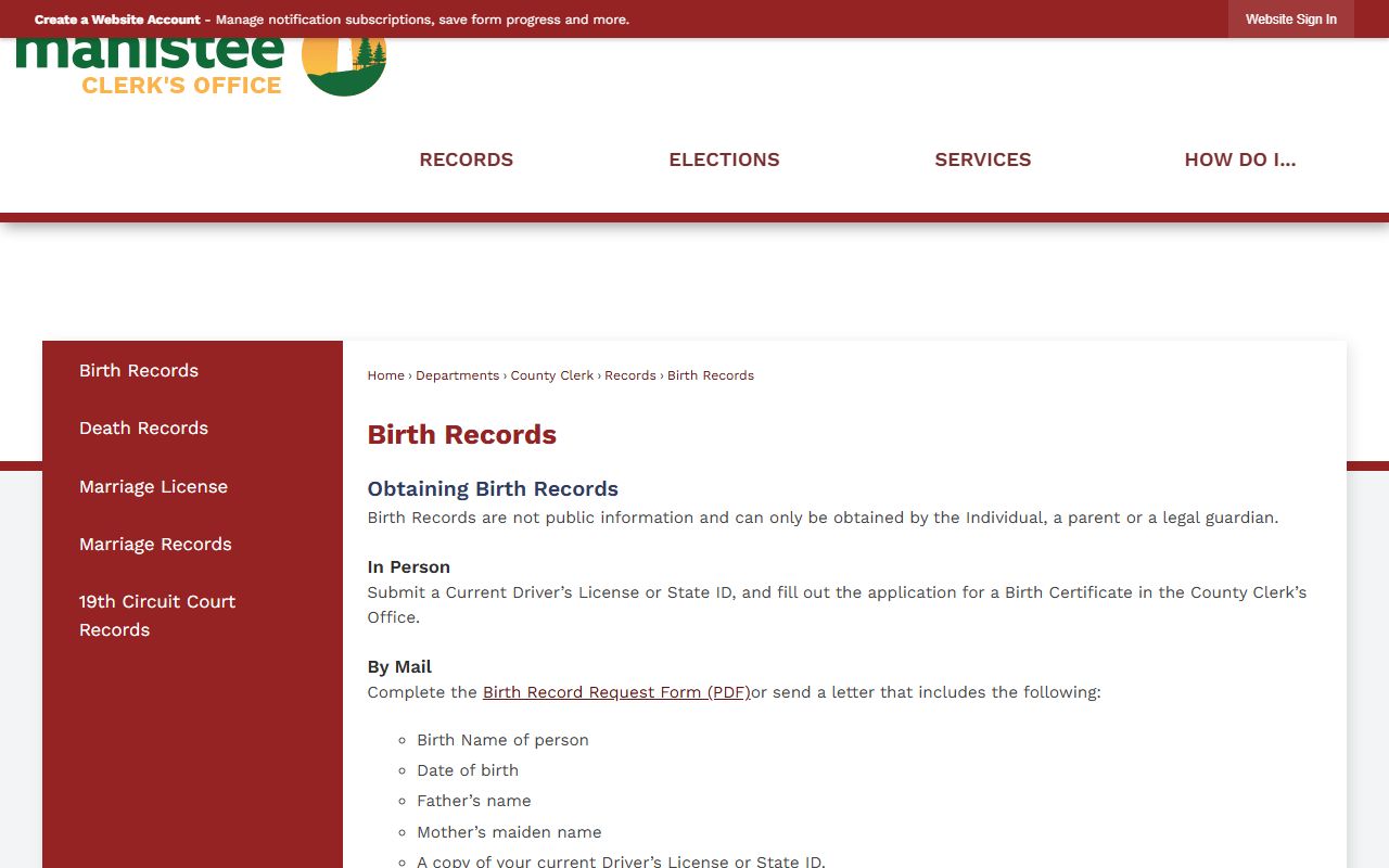 Manistee County Clerk records birth certificate request instructions