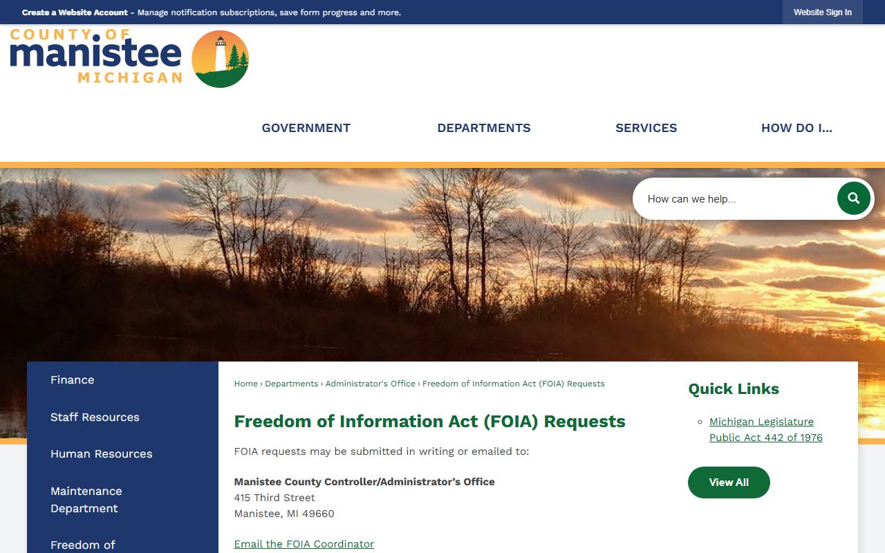 Manistee County Clerk records county FOIA and records request form page