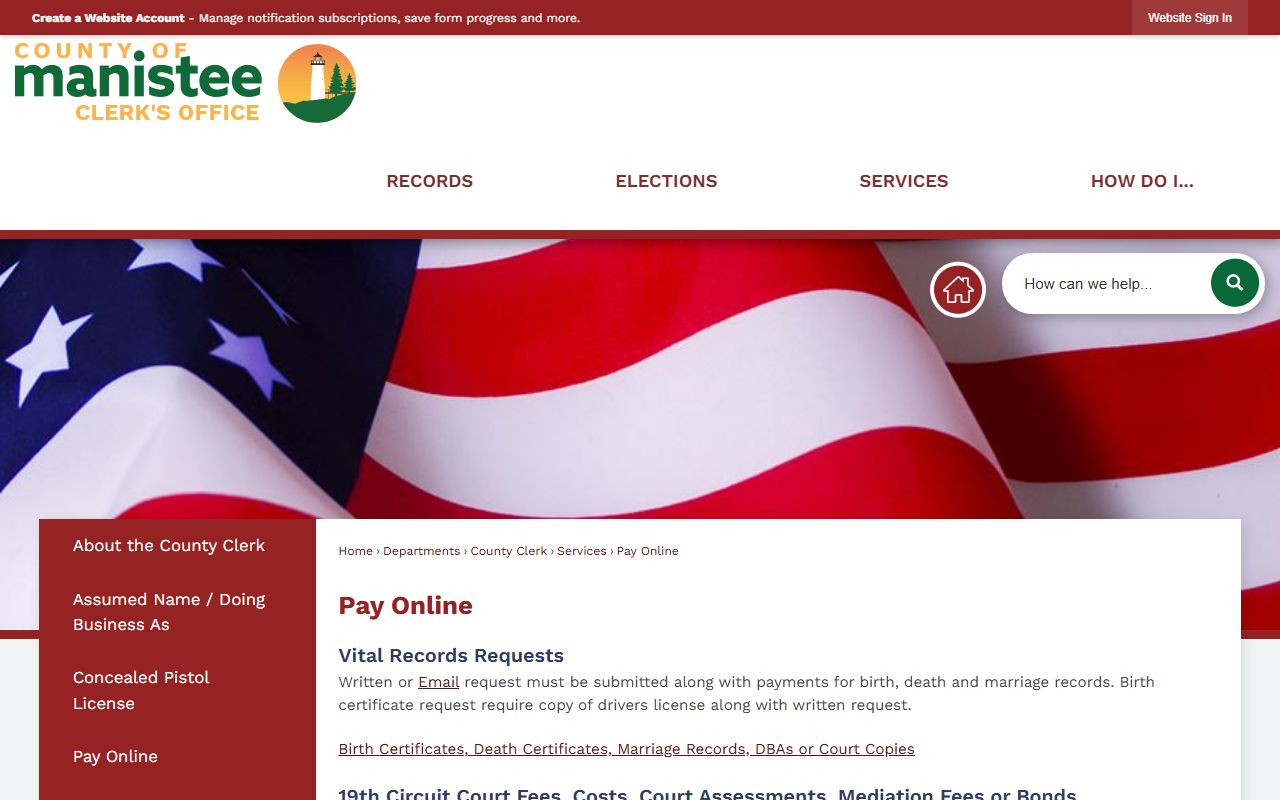 Manistee County Clerk records online payment page for certificates and copies