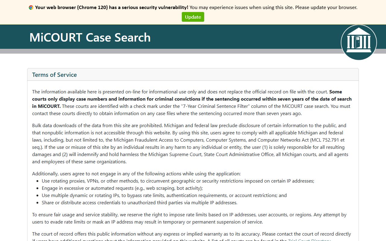 Manistee County court records statewide MiCOURT case search screen