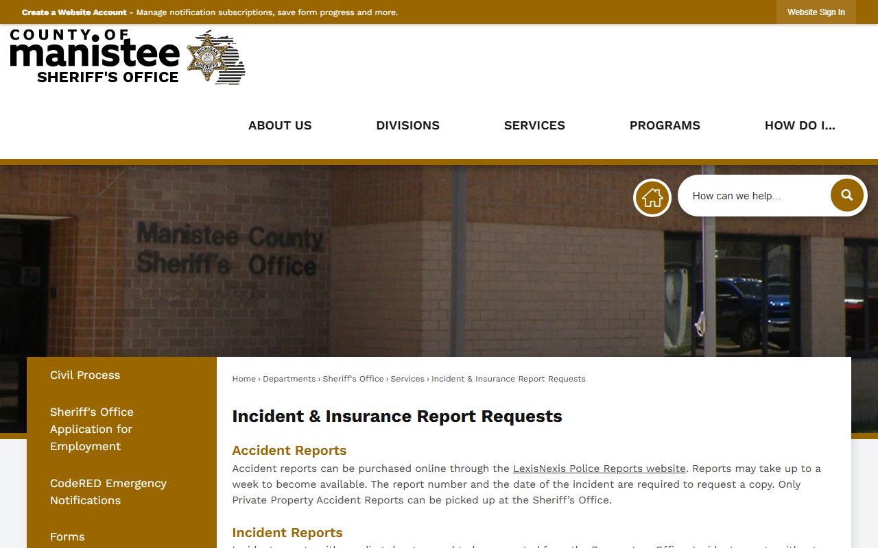 Manistee County criminal court records incident and insurance report requests page