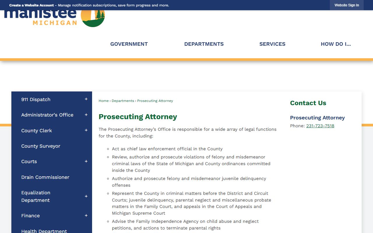Manistee County criminal court records prosecuting attorney page