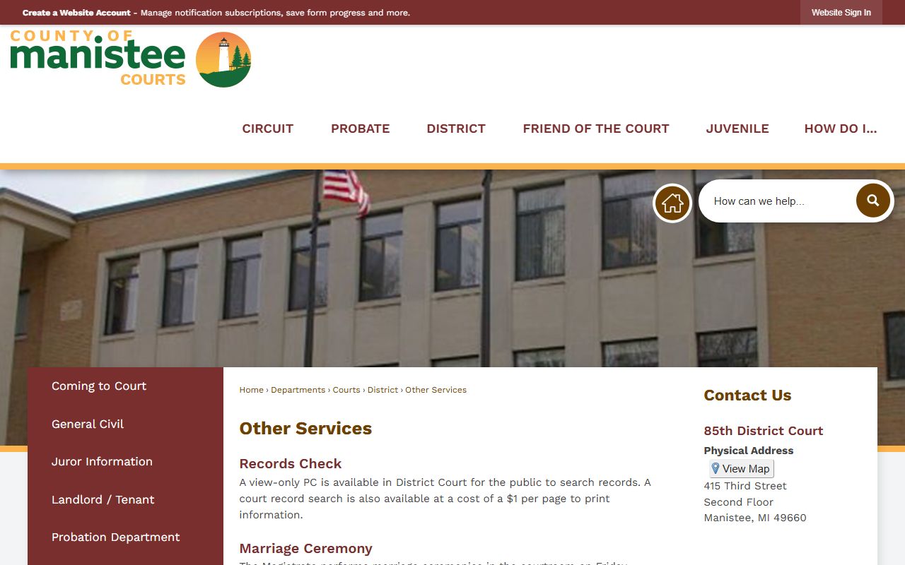 Manistee County district court records 85th District Court other services page