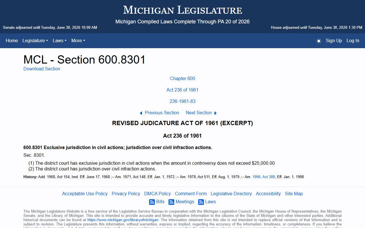 Manistee County district court records Michigan district civil jurisdiction statute