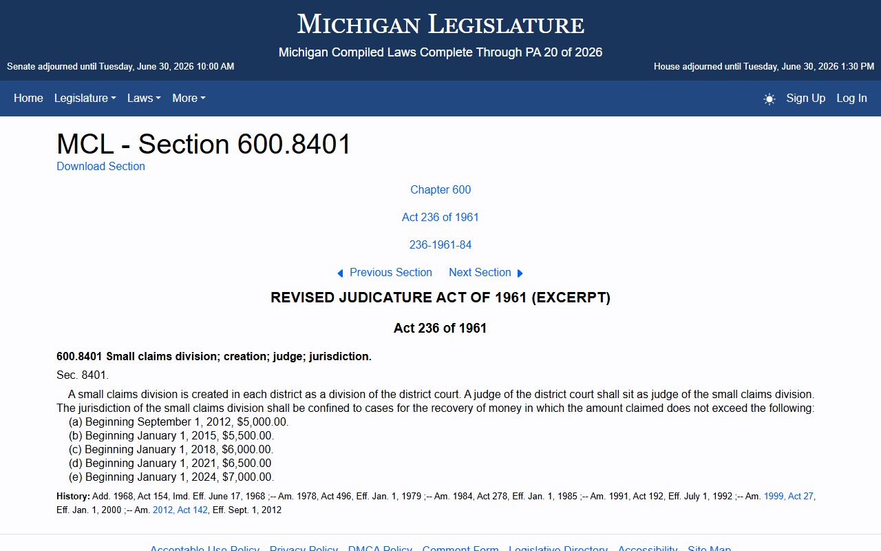 Manistee County district court records Michigan small claims division statute