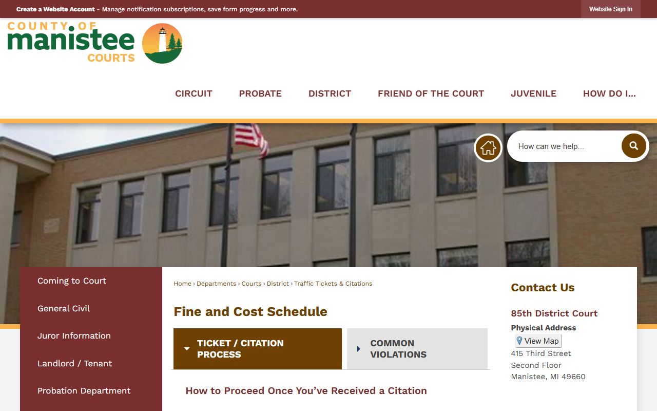 Manistee County district court records 85th District Court traffic tickets page
