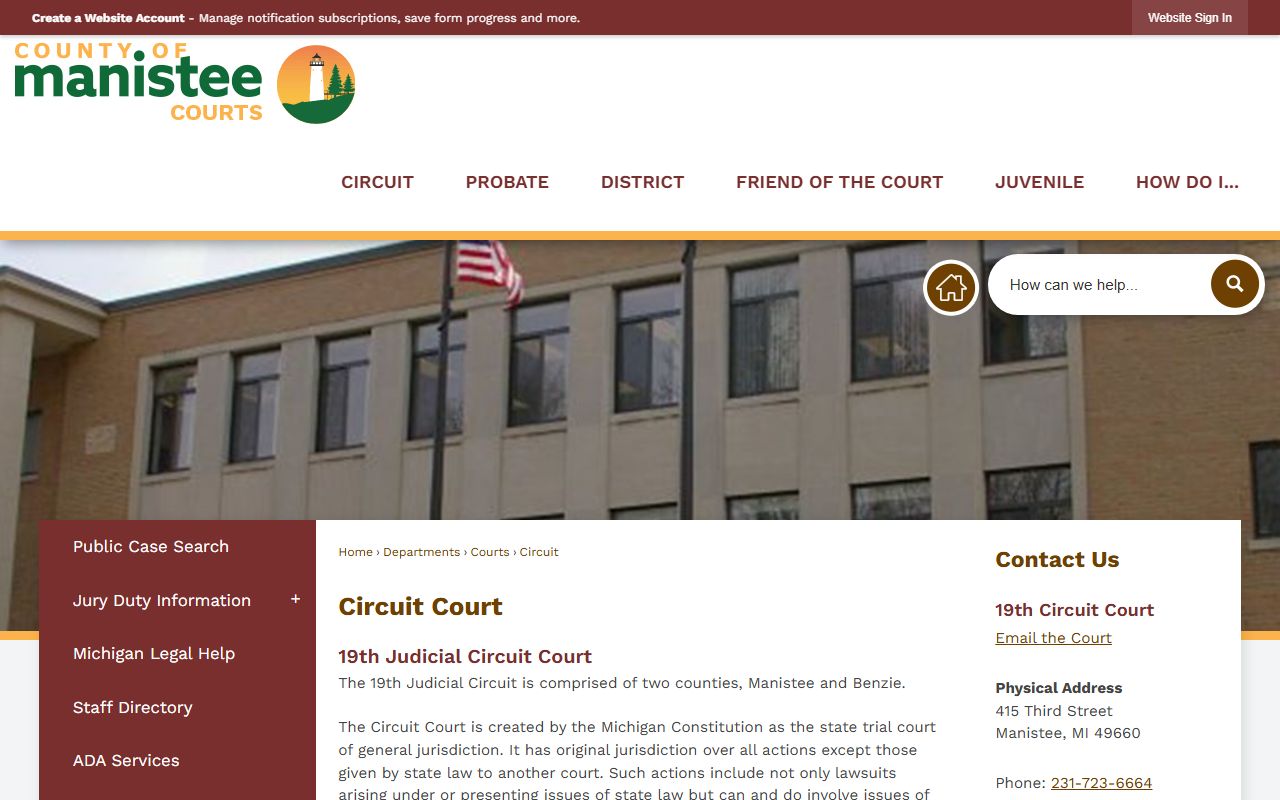 Manistee County 19th Circuit Court page describing court records jurisdiction