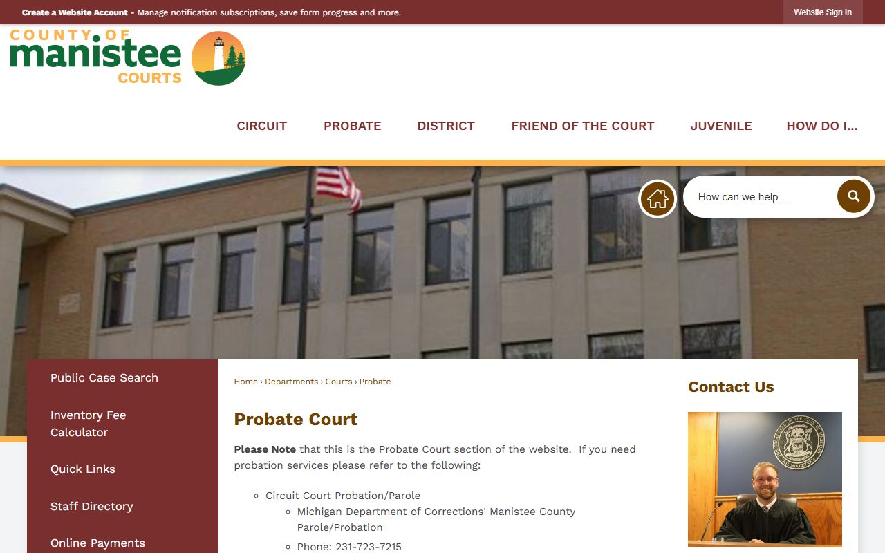 Manistee County Probate Court page for probate court records and case search
