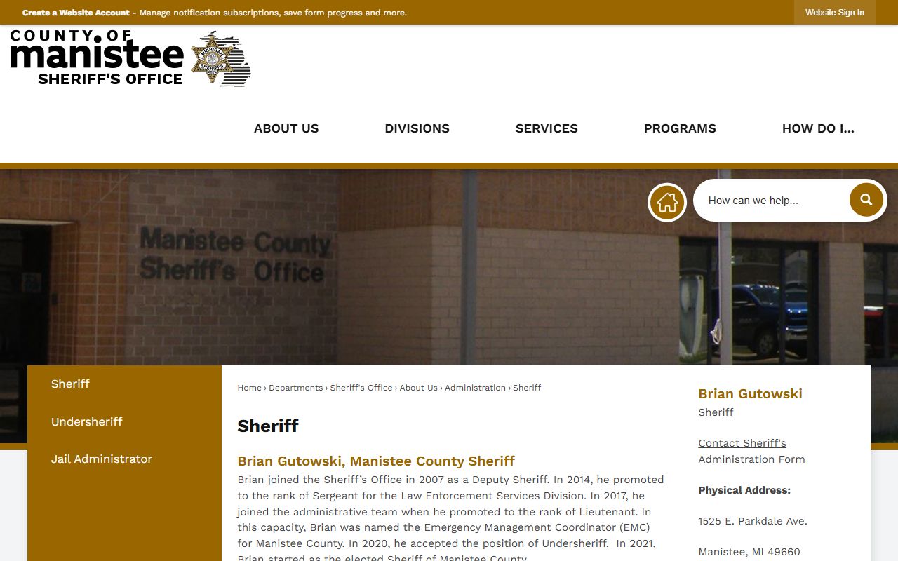 Manistee County Sheriff page for inmate records and custody questions