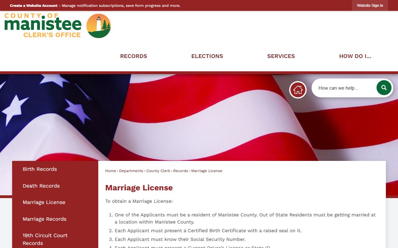 Manistee County marriage records marriage license requirements page