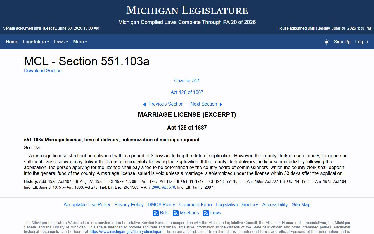 Manistee County marriage records waiting period and 33-day validity statute