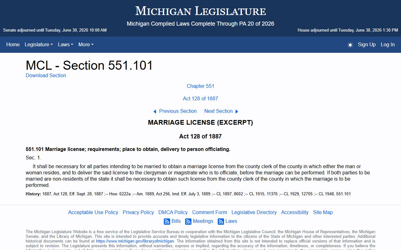Manistee County marriage records marriage license statute MCL 551.101