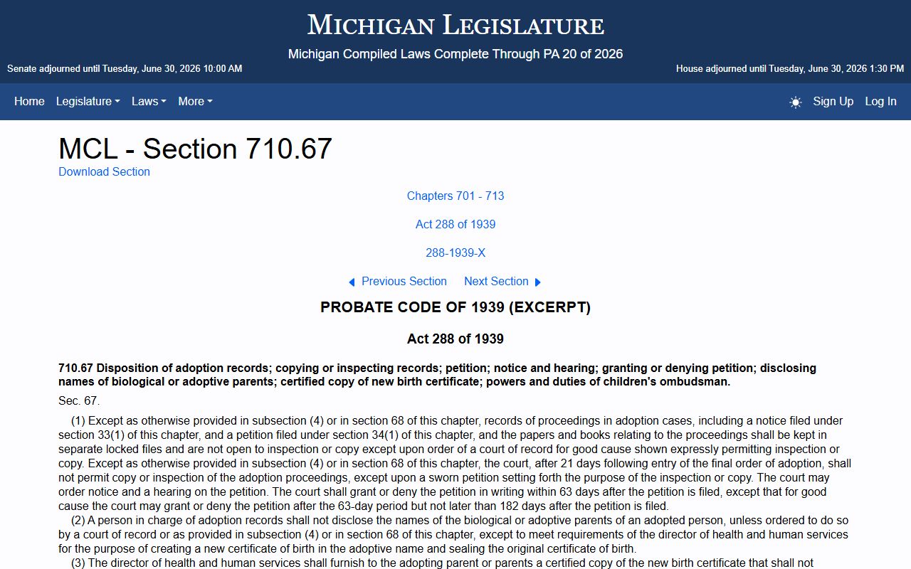 Manistee County probate records adoption record confidentiality statute MCL 710.67