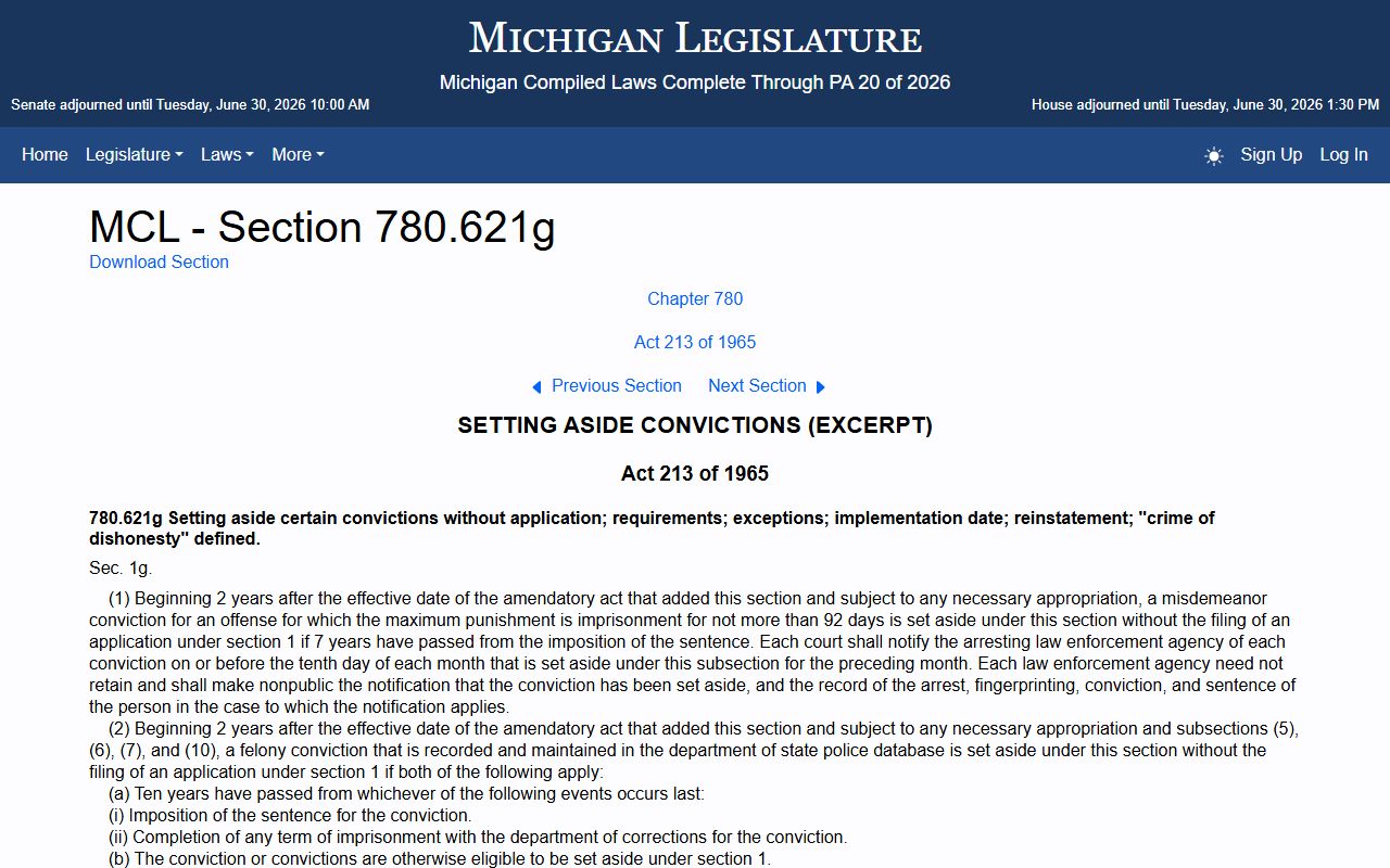 Manistee County probate records automatic set-aside statute MCL 780.621g