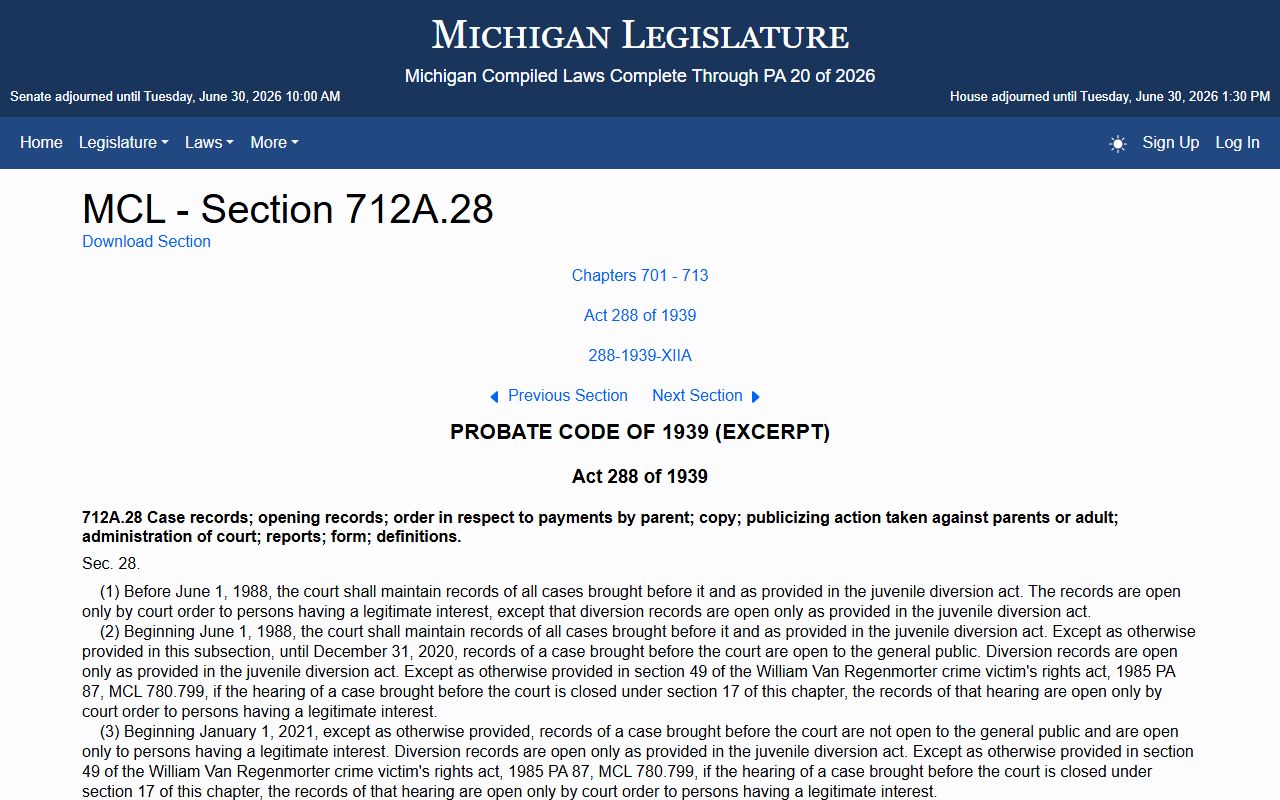 Manistee County probate records juvenile record confidentiality statute MCL 712A.28