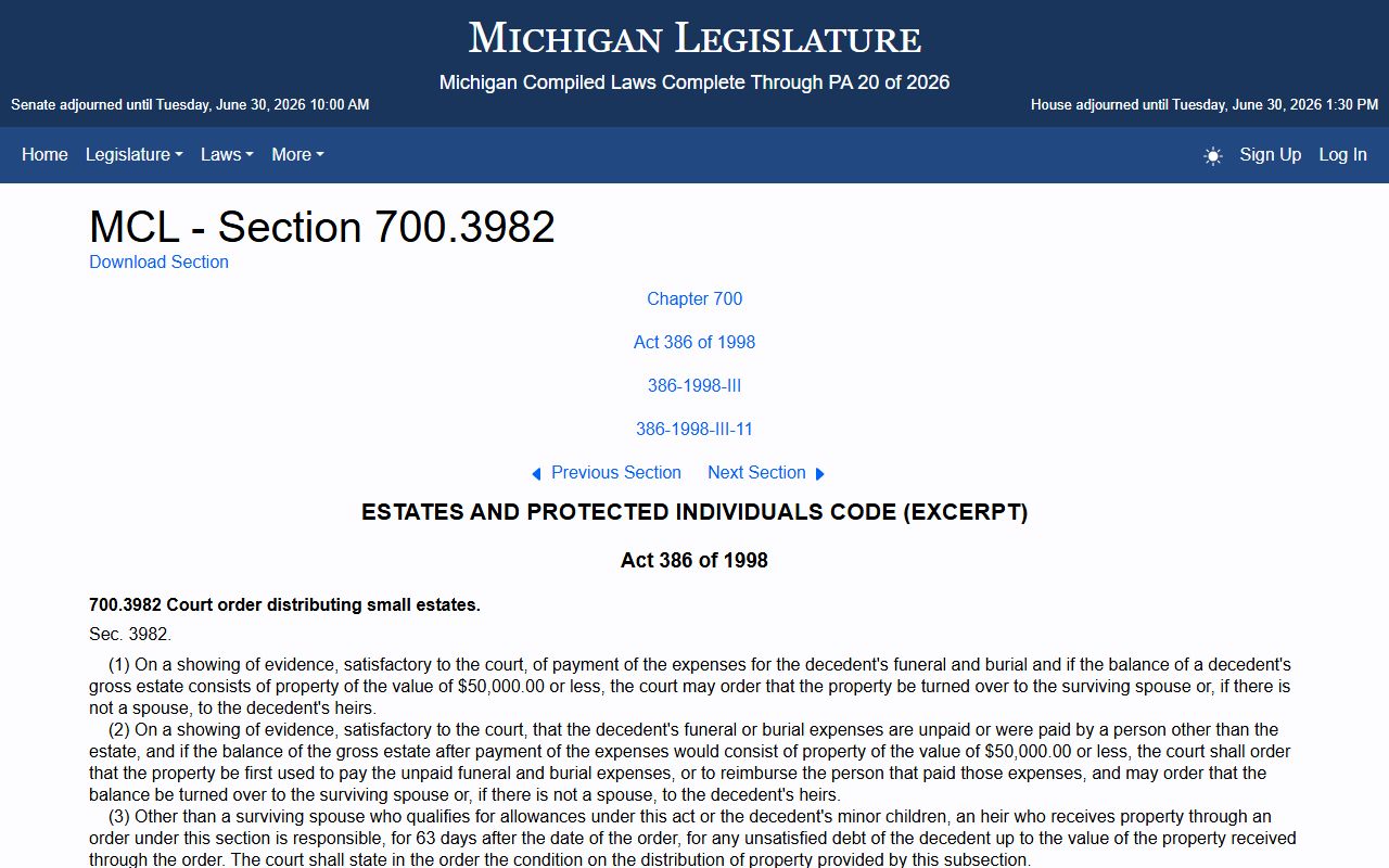 Manistee County probate records small estate assignment statute MCL 700.3982