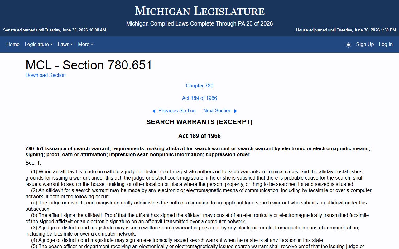 Manistee County warrant records reference for the Michigan search warrant statute MCL 780.651