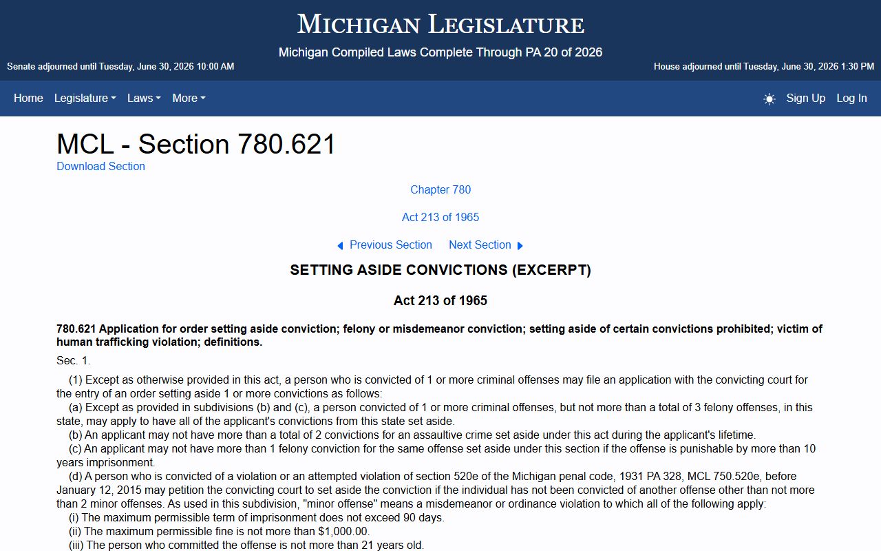 Manistee County warrant records and the Michigan set-aside application statute MCL 780.621